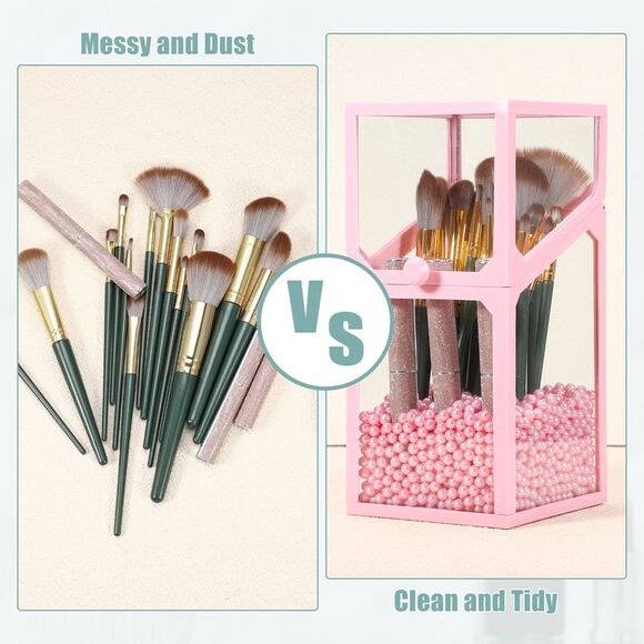 Clear Dustproof Quadrilateral Makeup Brush Storage Box with Pink Faux Pearl Pink - Picture 2 of 6